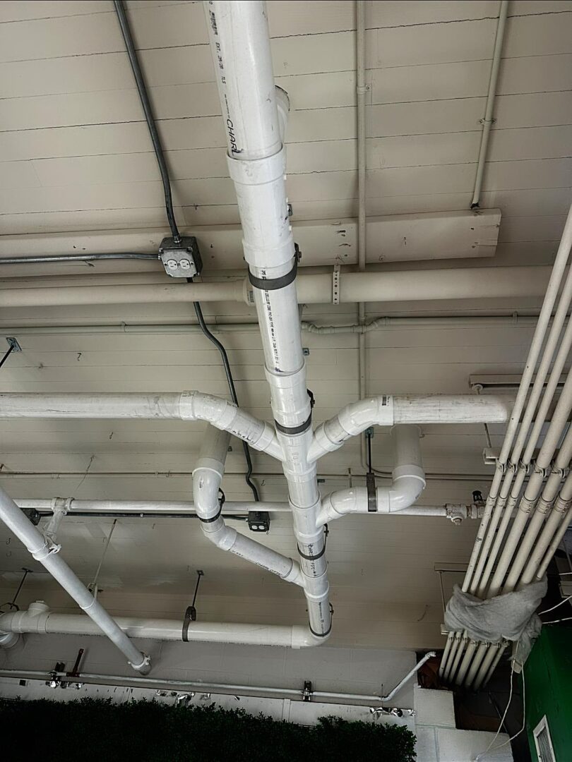 A ceiling with a network of white PVC pipes connected with metal clamps, running horizontally and vertically, against an industrial setting.