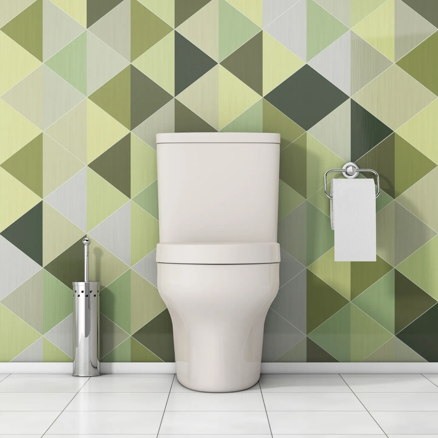 Modern bathroom with a white toilet, geometric green-tiled wall, toilet paper holder, and a metallic toilet brush on a tiled floor.