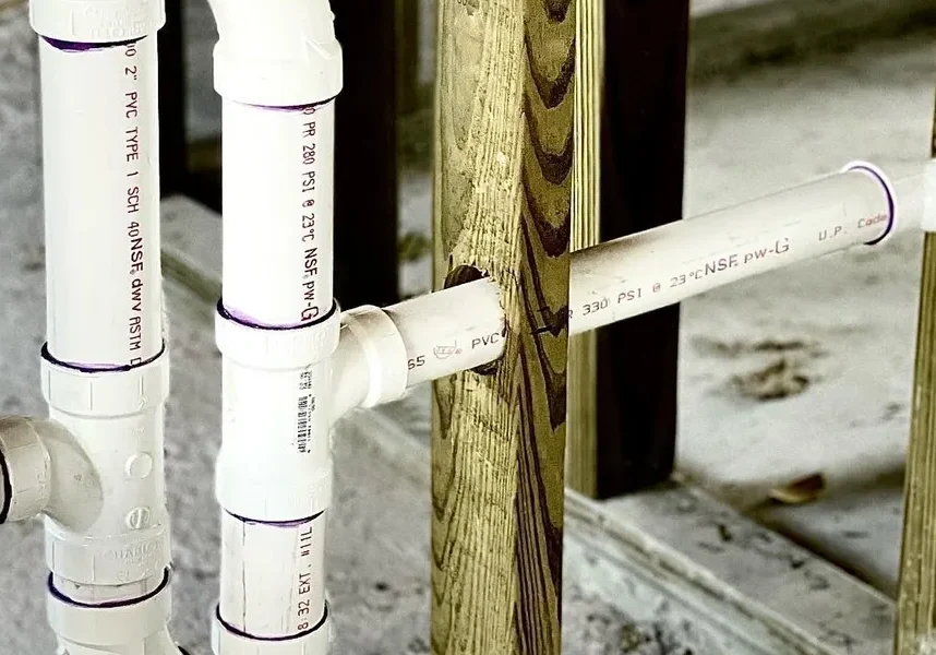 1740473456894_IMAGE-50265_20_285_29 PVC pipes connected in a corner setup against a wooden frame, showing various fittings and printed labels.