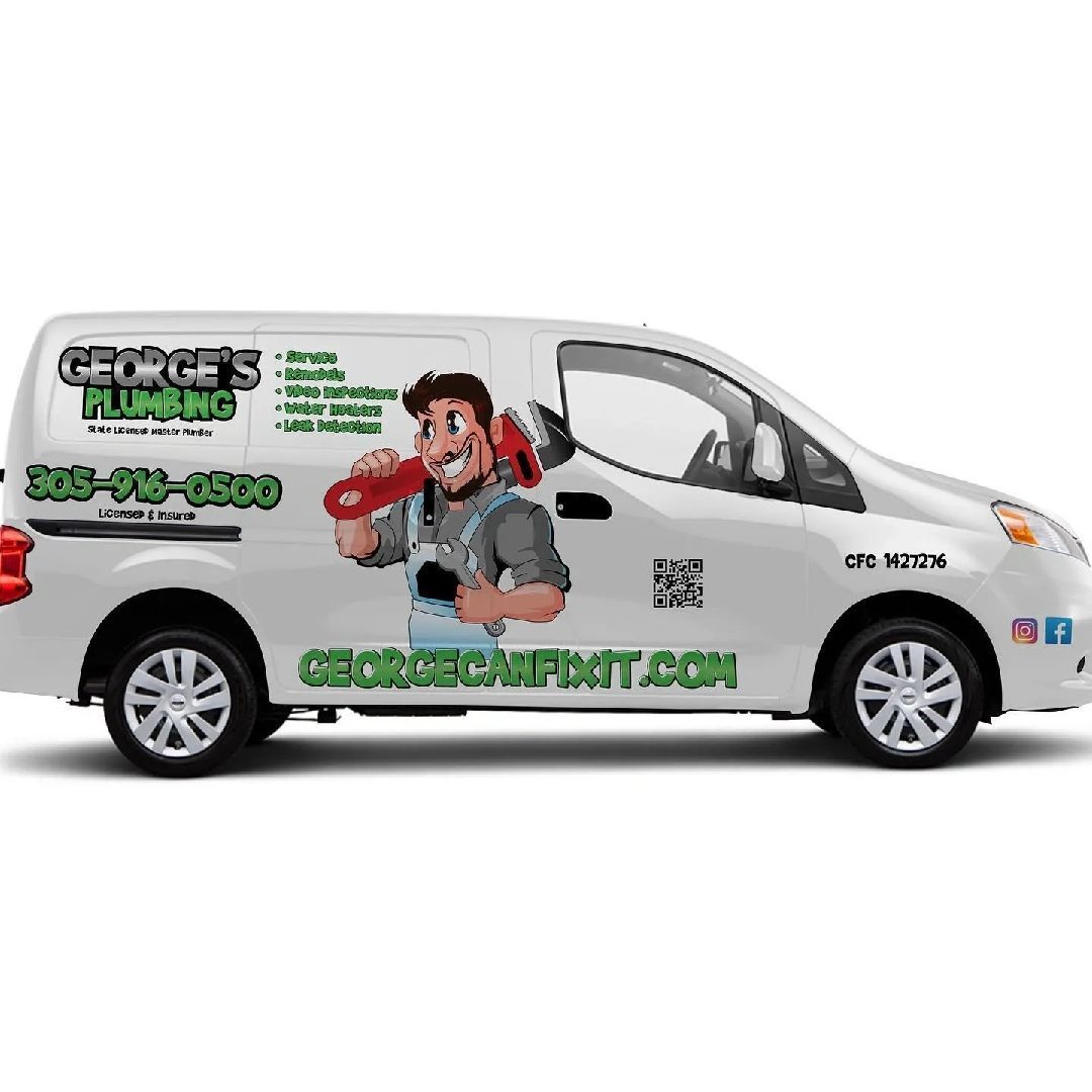 White plumbing van with business branding, cartoon plumber, contact number, website, and social media icons on the side.